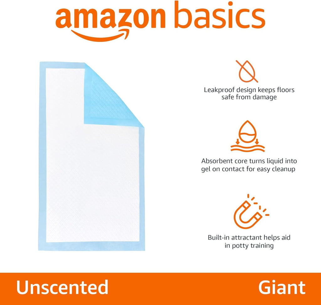 Amazon Basics Leak-Proof Dog and Puppy Potty Training Pee Pads with Quick-Dry 5-Layer Surface. Standard Absorbency. Giant Size. 27.5 x 44 Inch. Blue & White. 40-Pack