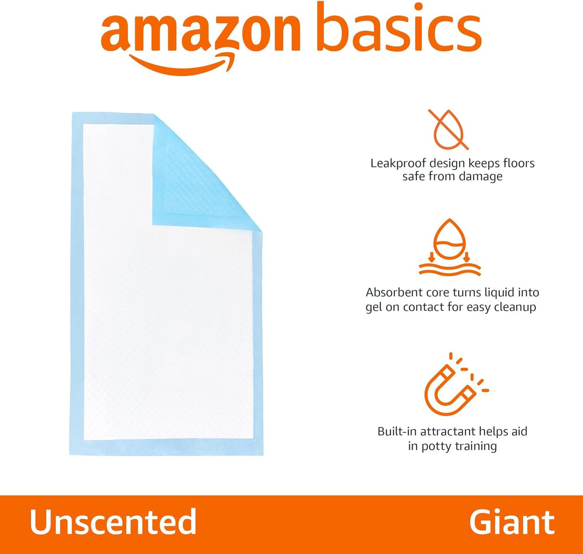 Amazon Basics Leak-Proof Dog and Puppy Potty Training Pee Pads with Quick-Dry 5-Layer Surface. Standard Absorbency. Giant Size. 27.5 x 44 Inch. Blue & White. 40-Pack