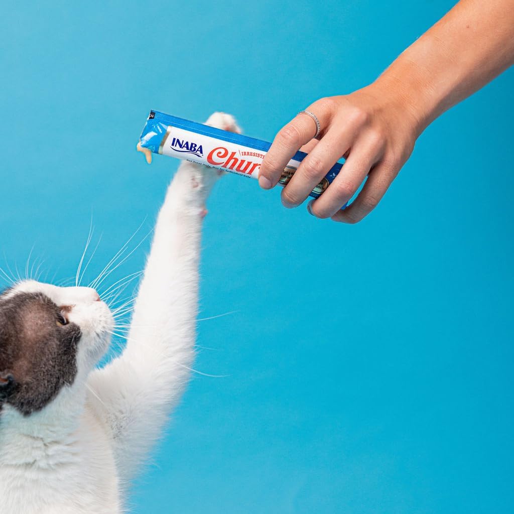 INABA Churu Cat Treats. Lickable. Squeezable Creamy Purée Cat Treat with Green Tea Extract & Taurine. 0.5 Ounces Each Tube. 50 Tubes. Chicken Variety