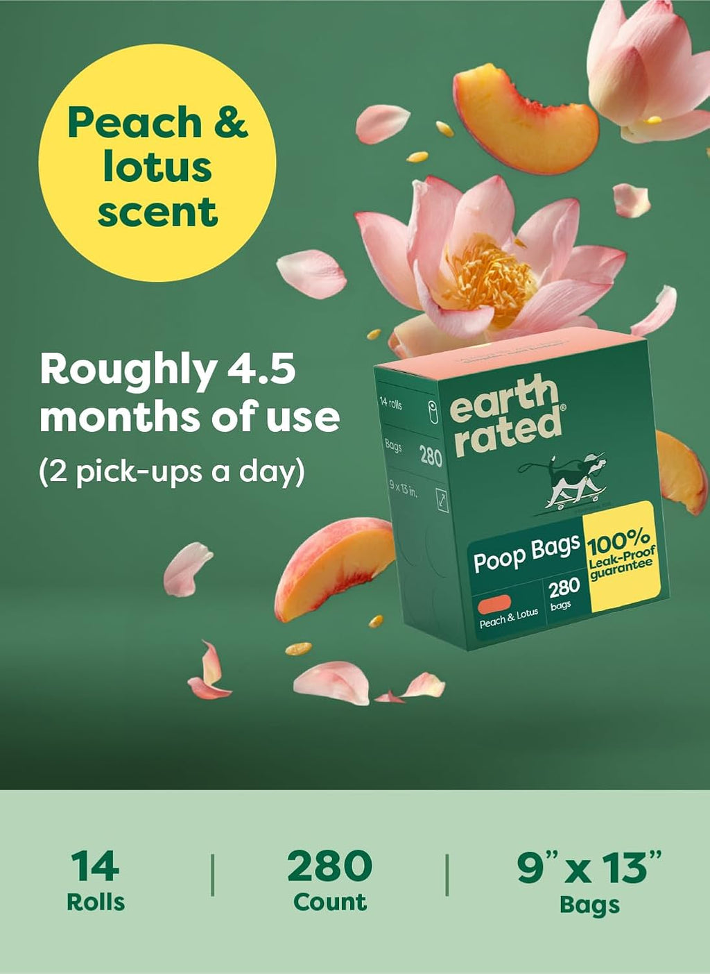 Earth Rated Dog Poop Bags on Refill Rolls. 280 Bags. Peach & Lotus | Guaranteed Leak Proof and Extra Thick Waste Bag Refill Rolls