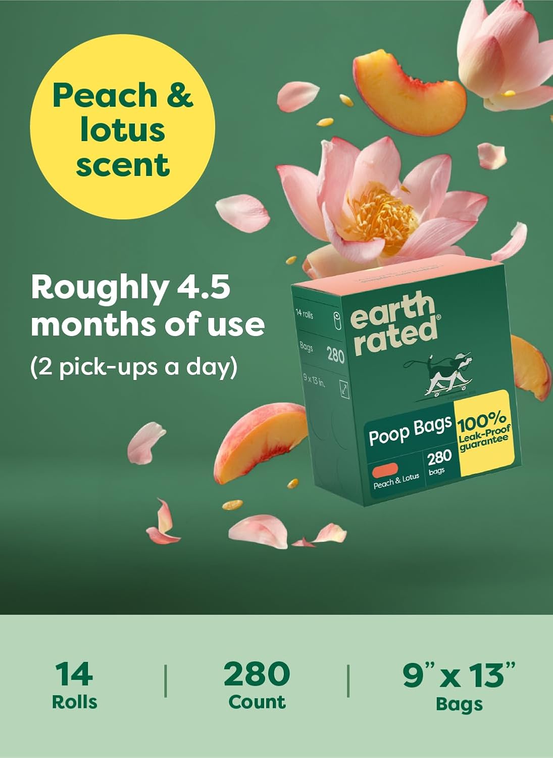 Earth Rated Dog Poop Bags on Refill Rolls. 280 Bags. Peach & Lotus | Guaranteed Leak Proof and Extra Thick Waste Bag Refill Rolls