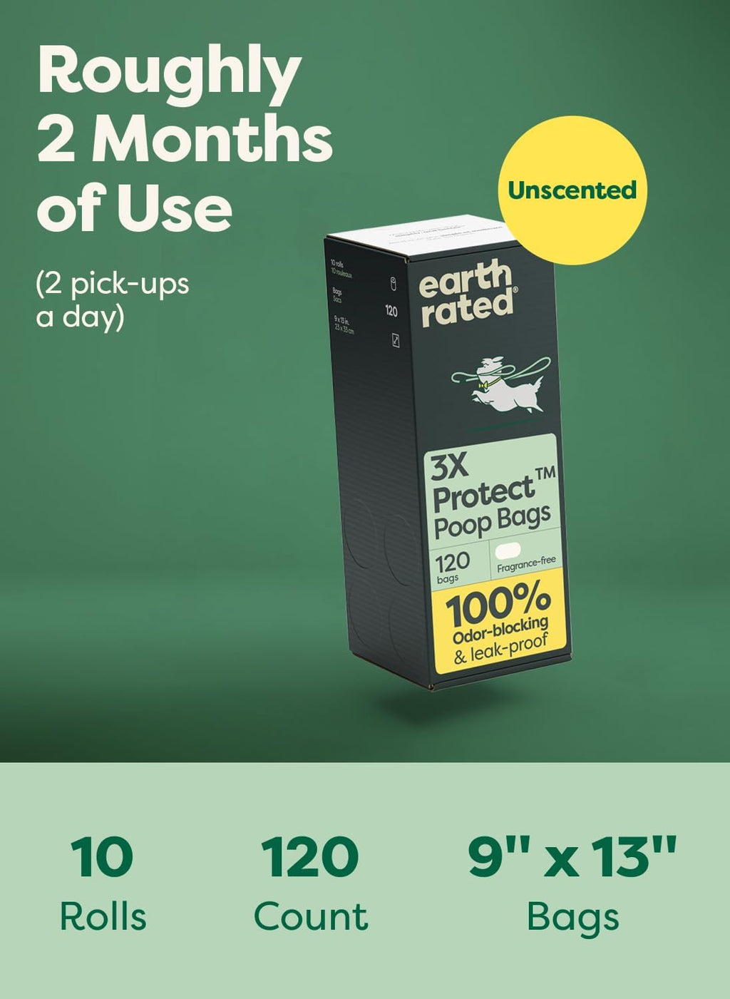 Earth Rated 3X Protect Dog Poop Bag Rolls. Odor Blocking Leak Proof Extra Thick. Unscented. 120 Count