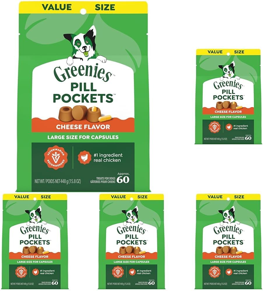 Greenies Pill Pockets for Dogs Large Size. Dog Treat Pouch for Capsule Medication. Cheese Flavor. 15.8 oz. Pouch (Pack of 5)