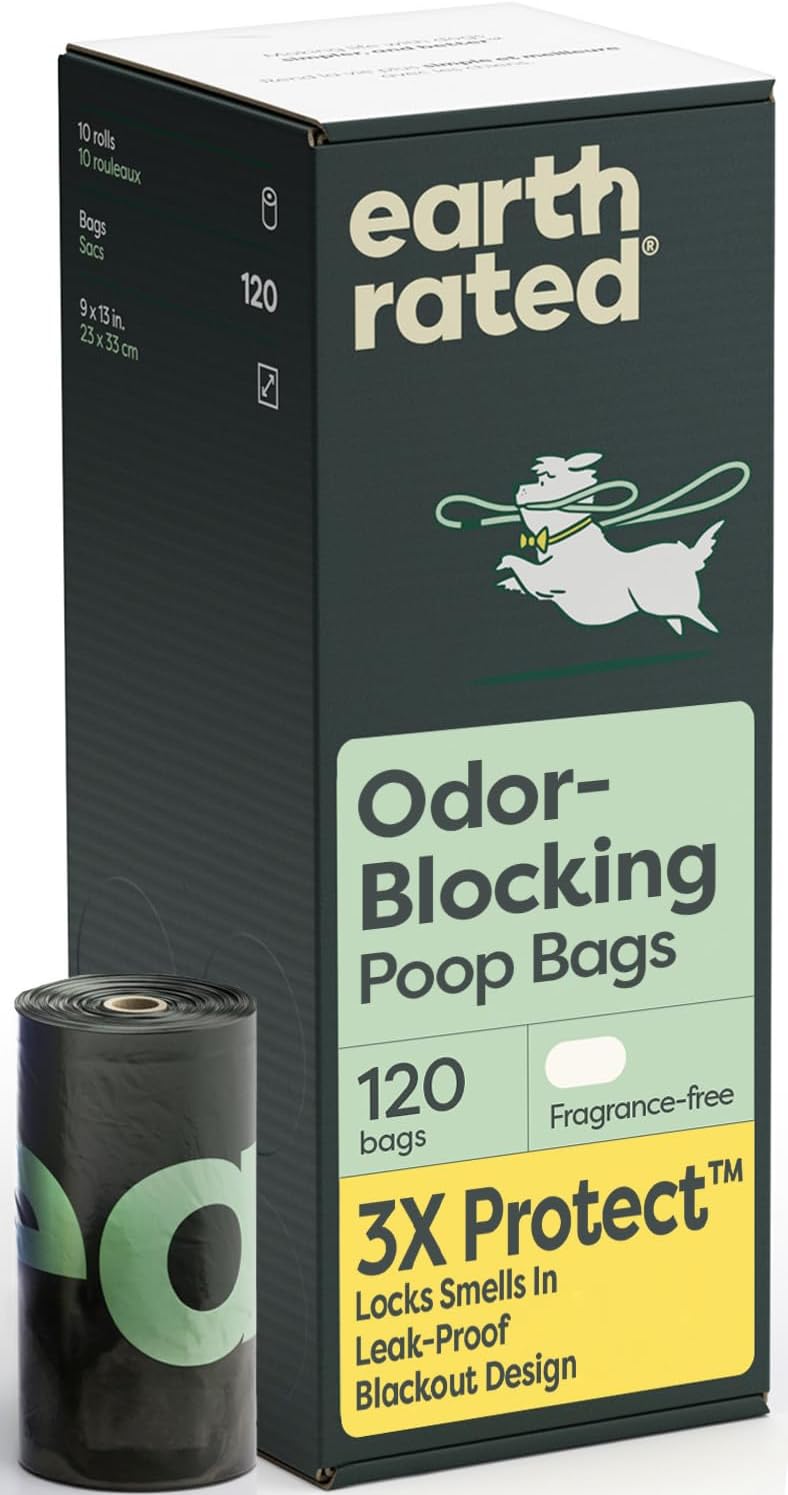 Earth Rated 3X Protect Dog Poop Bag Rolls. Odor Blocking Leak Proof Extra Thick. Unscented. 120 Count