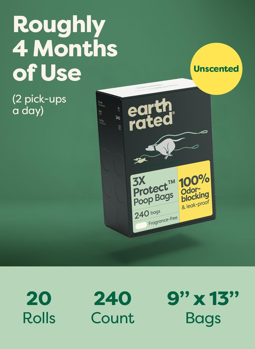 Earth Rated 3X Protect Dog Poop Bag Rolls. Odor Blocking. Unscented. 240 Ct | Leak Proof Extra Thick