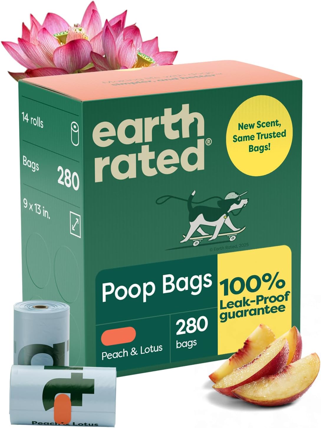 Earth Rated Dog Poop Bags on Refill Rolls. 280 Bags. Peach & Lotus | Guaranteed Leak Proof and Extra Thick Waste Bag Refill Rolls
