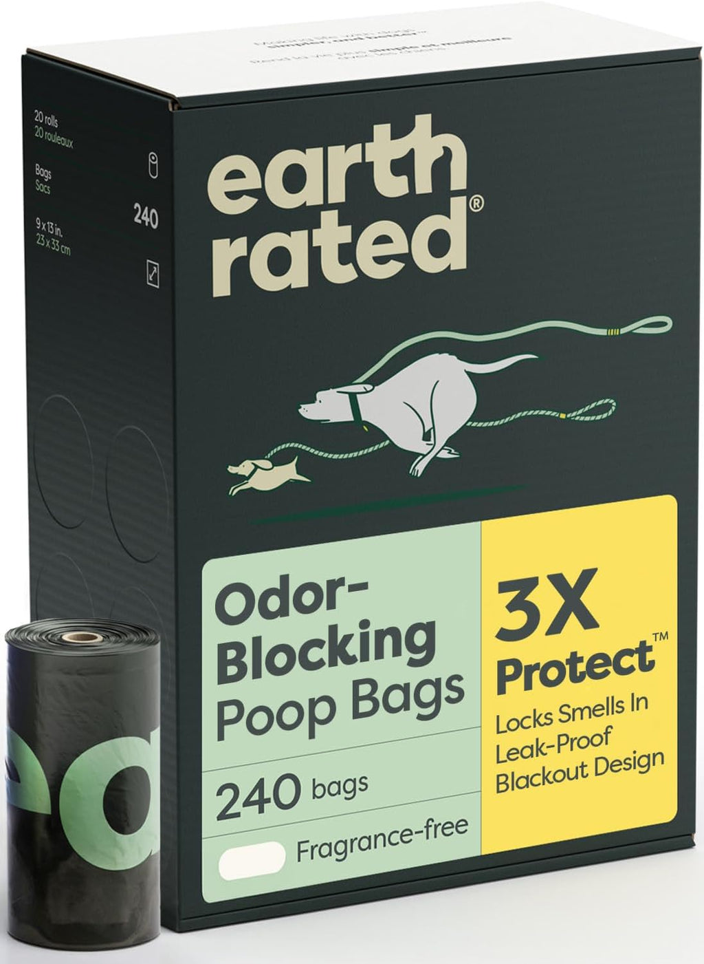 Earth Rated 3X Protect Dog Poop Bag Rolls. Odor Blocking. Unscented. 240 Ct | Leak Proof Extra Thick