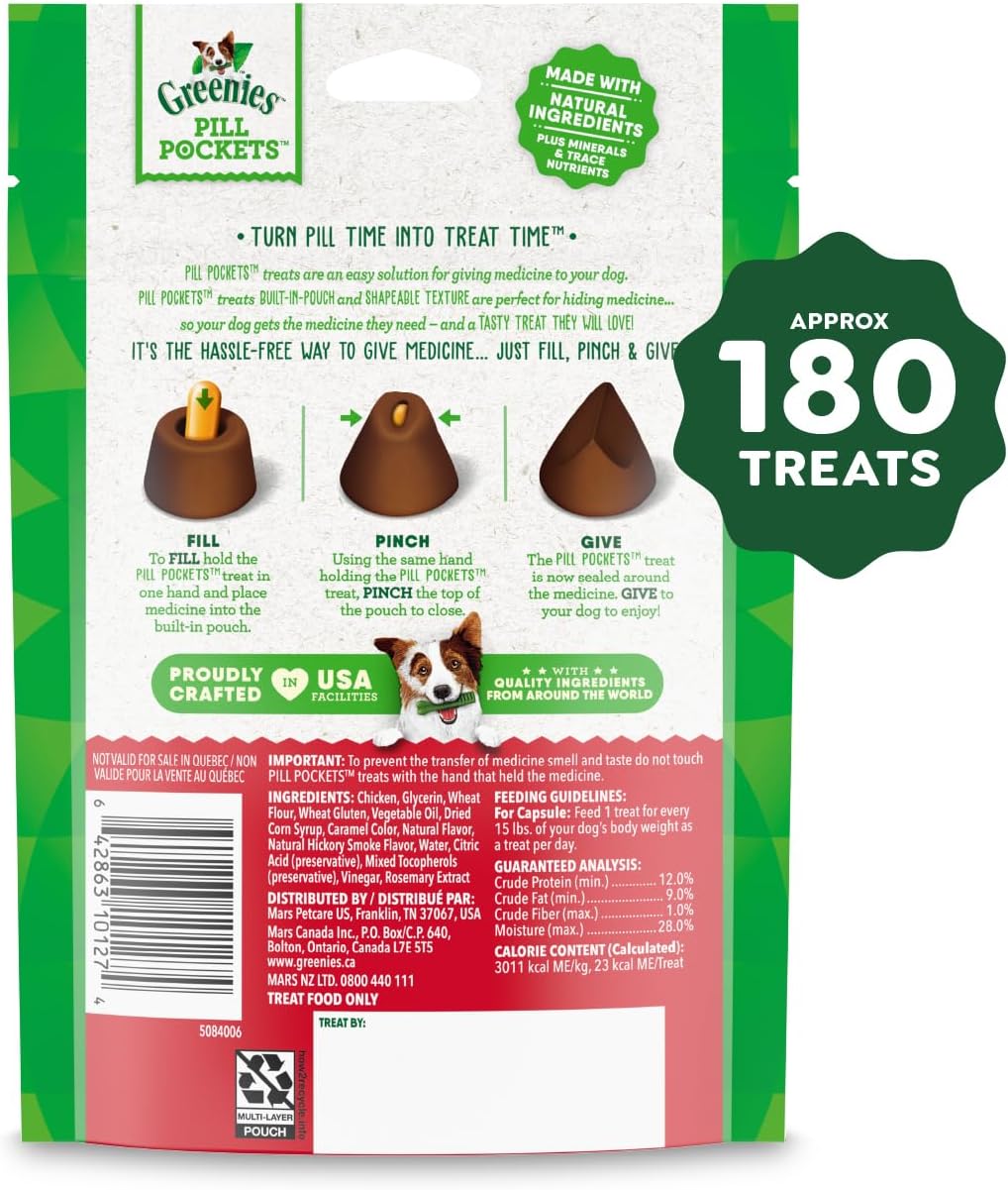 Greenies Pill Pockets Large Size Dog Treats. Hickory Smoke. 7.9 oz. 6-Pack | Vet-recommended. Capsule size. masks medicine odor. low calorie. stress- & mess-free. 7.9 oz pouches
