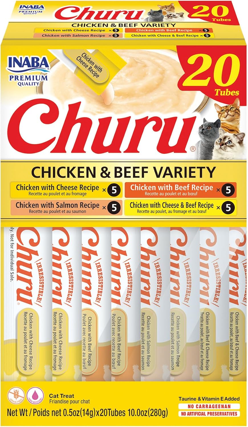 INABA Churu Cat Treats. Lickable. Squeezable Creamy Purée Cat Treat with Green Tea Extract & Taurine. 0.5 Ounces Each Tube. 20 Tubes. Chicken & Beef Variety Box