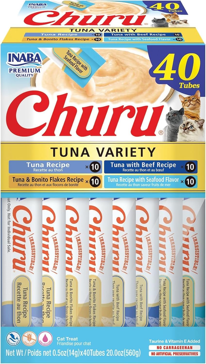 INABA Churu Cat Treats. Lickable. Squeezable Creamy Purée Cat Treat with Green Tea Extract & Taurine. 0.5 Ounces Each Tube. 40 Tubes. Tuna Variety Box (Pack of 12)