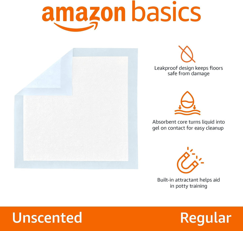 Amazon Basics Leak-Proof Dog and Puppy Potty Training Pee Pads with Quick-Dry 5-Layer Super Absorbent Design for Housebreaking. Regular Size 22x22. Blue & White. 150 Count