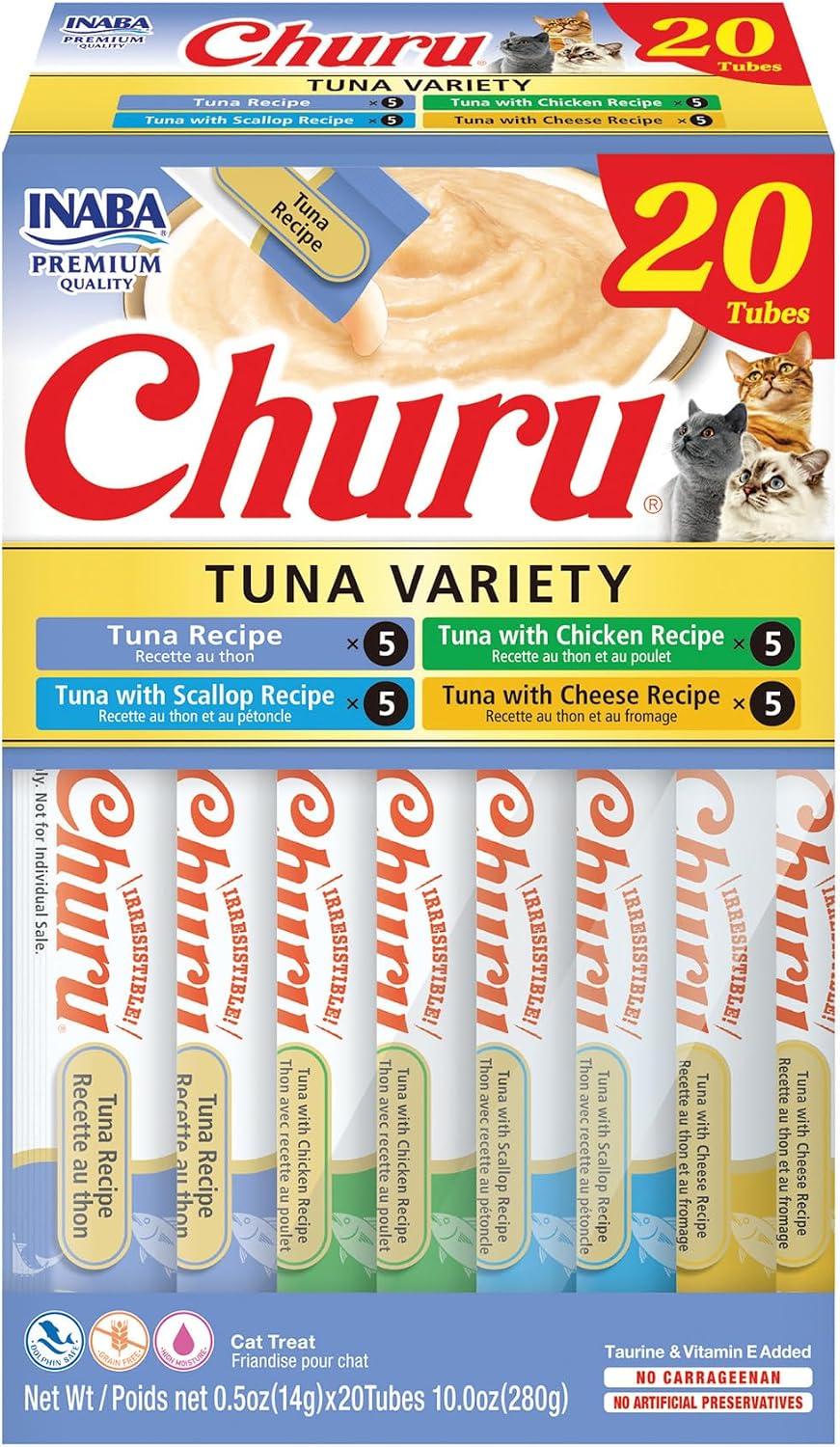INABA Churu Cat Treats. Lickable. Squeezable Creamy Purée Cat Treat with Green Tea Extract & Taurine. 0.5 Ounces Each Tube. 20 Tubes. Tuna Variety Box