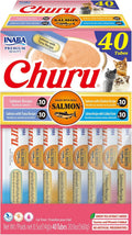 INABA Salmon Churu Cat Treats. Lickable. Squeezable Creamy Purée Cat Treat with Green Tea Extract & Taurine. 0.5 Ounces Each Tube. 40 Tubes. Salmon Variety Box