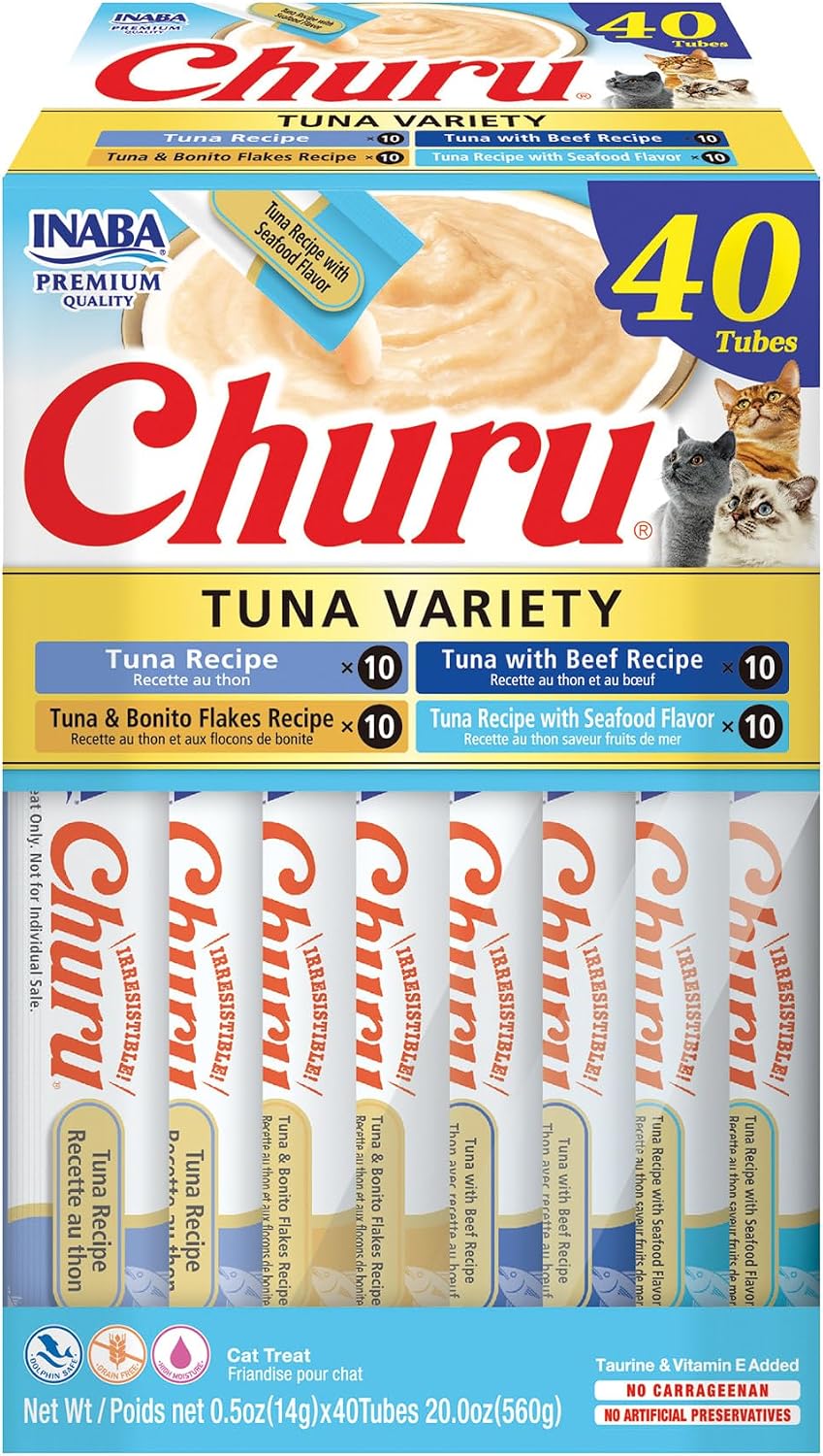 INABA Churu Cat Treats. Lickable. Squeezable Creamy Purée Cat Treat with Green Tea Extract & Taurine. 0.5 Ounces Each Tube. 40 Tubes. Tuna Variety Box