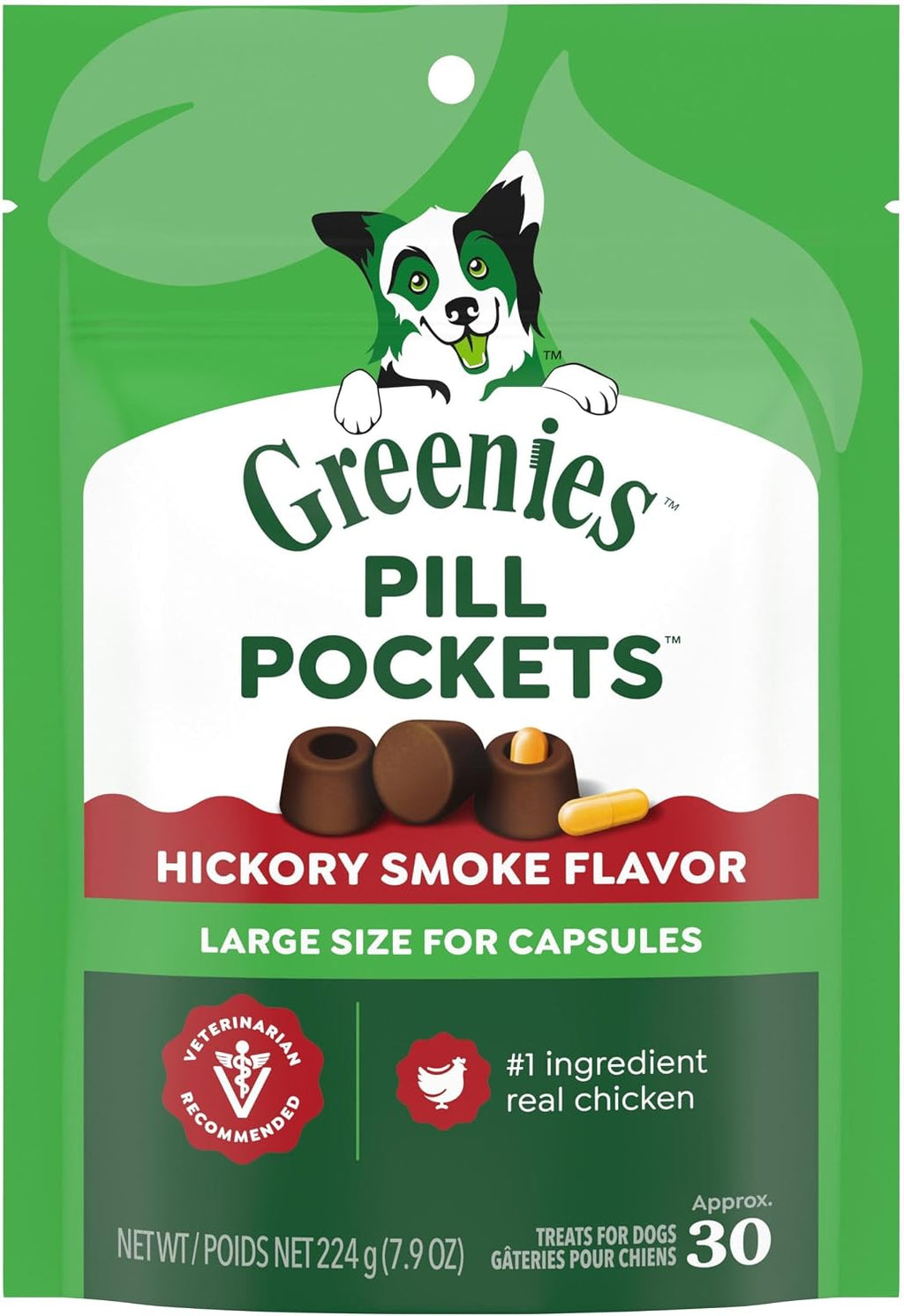 Greenies Pill Pockets for Dogs Large Size. Dog Treat Pouch for Capsule Medication. Hickory Smoke Flavor. 7.9 oz. Pouch (Pack of 6)