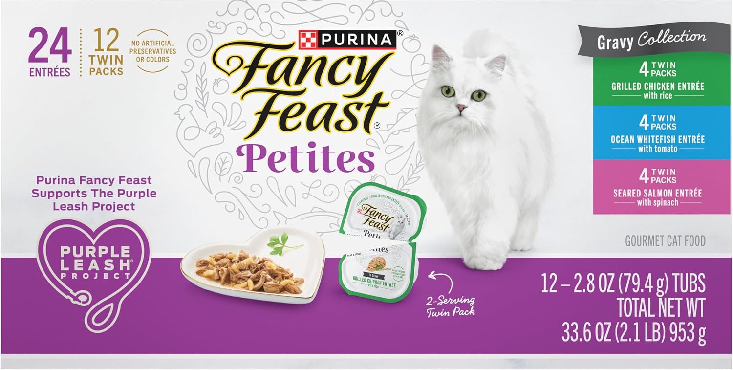 Fancy Feast Purina Gourmet Wet Cat Food Variety Pack.Petites Gravy Collection.Break-Apart tubs.48 Servings - 2.8 oz. Tubs.(Pack of 24)