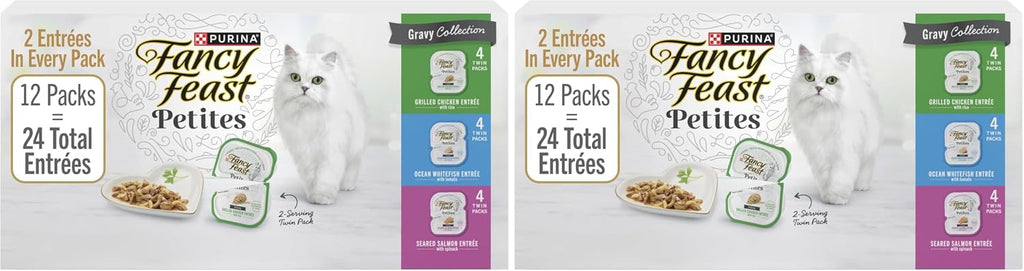 Fancy Feast Purina Gourmet Wet Cat Food Variety Pack.Petites Gravy Collection.Break-Apart tubs.48 Servings - 2.8 oz. Tubs.(Pack of 24)
