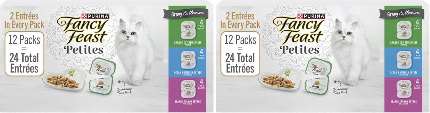 Fancy Feast Purina Gourmet Wet Cat Food Variety Pack.Petites Gravy Collection.Break-Apart tubs.48 Servings - 2.8 oz. Tubs.(Pack of 24)