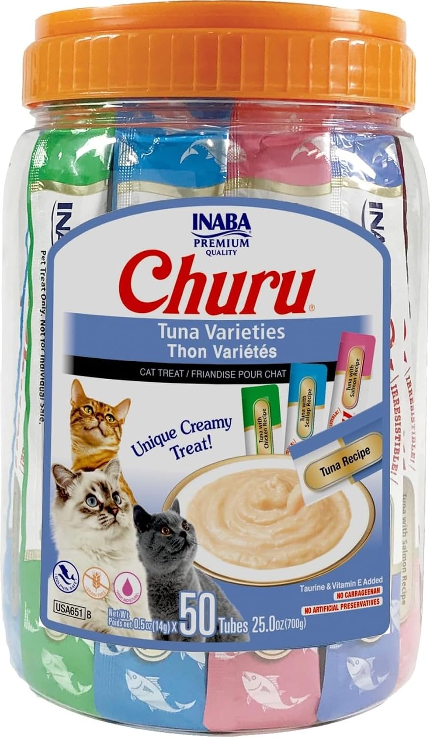 INABA Churu Cat Treats. Lickable. Squeezable Creamy Purée Cat Treat with Green Tea Extract & Taurine. 0.5 Ounces Each Tube. 50 Tubes. Tuna Variety
