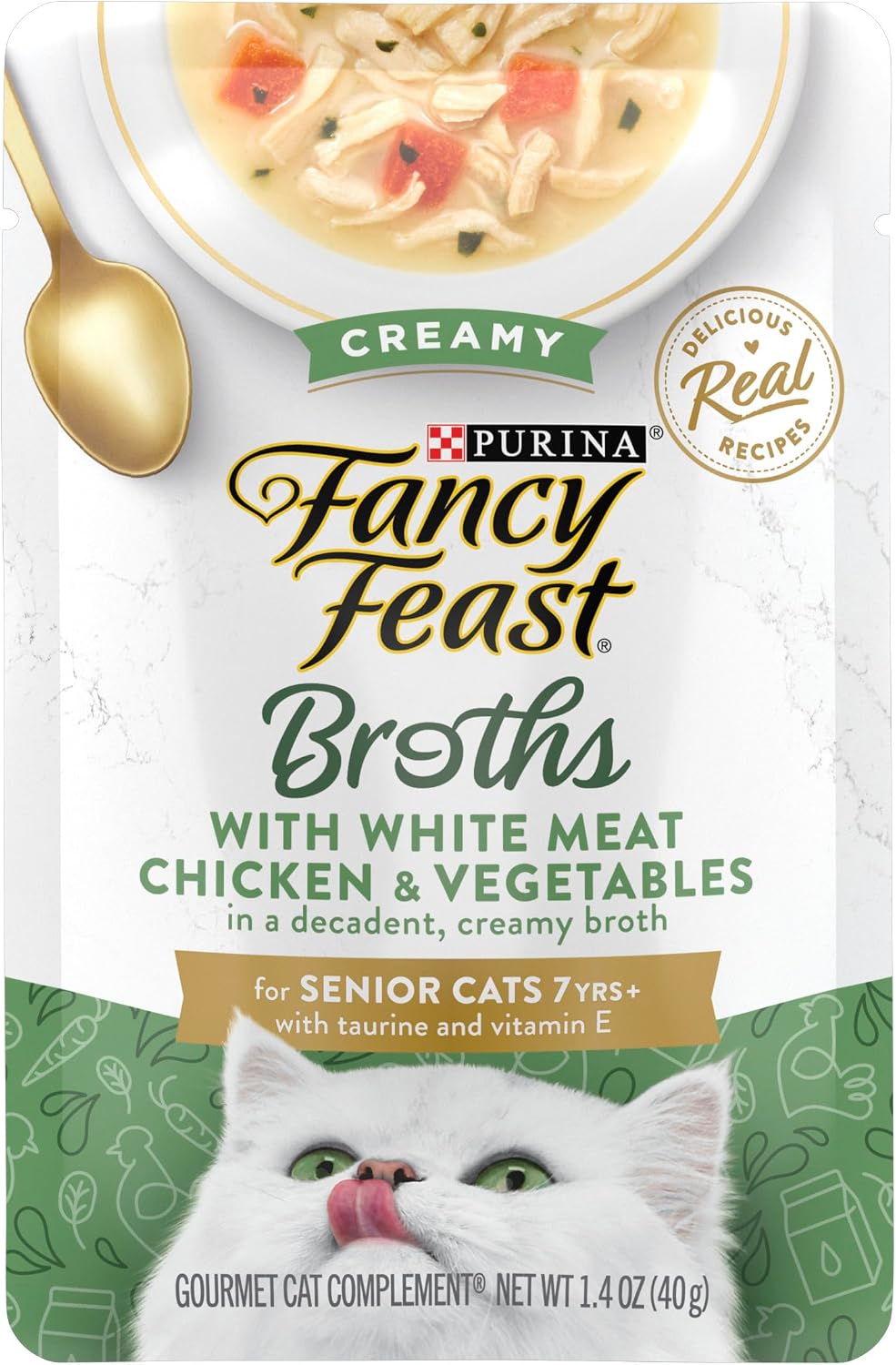 Purina Fancy Feast Creamy Senior Cat Food Topper (16 Pack) 1.4 oz | Easy to chew gourmet complement crafted with chicken and vegetables. Vitamin E and taurine for senior cats