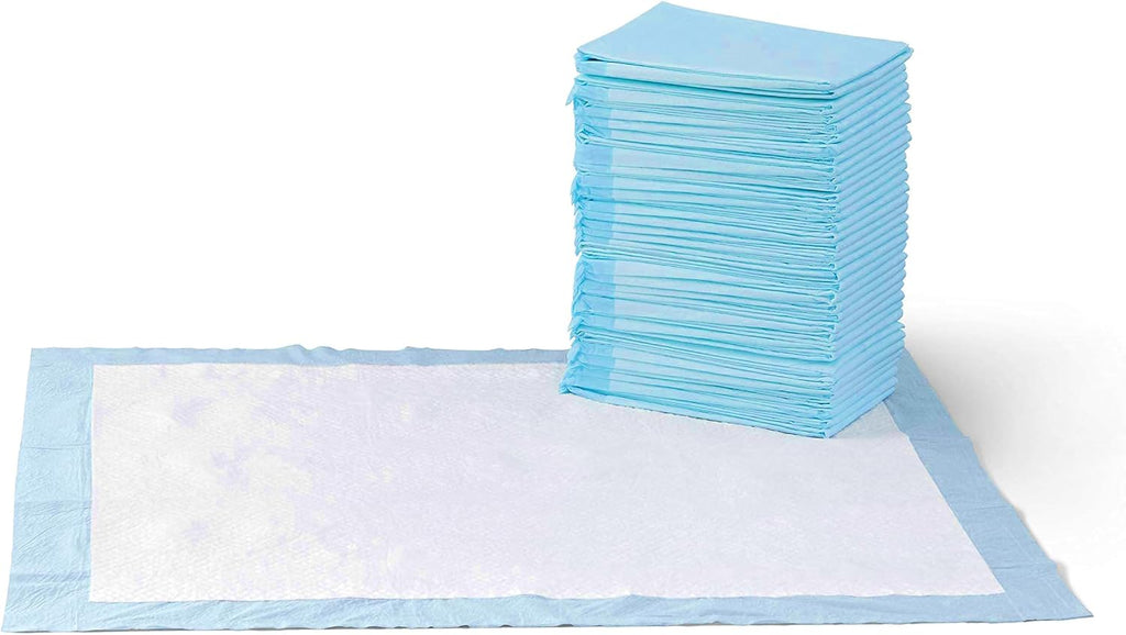 Amazon Basics Leak-Proof Dog and Puppy Potty Training Pee Pads with Quick-Dry 5-Layer Design. X-Large Size 28 x 34 Inch. Blue & White. 40-Pack