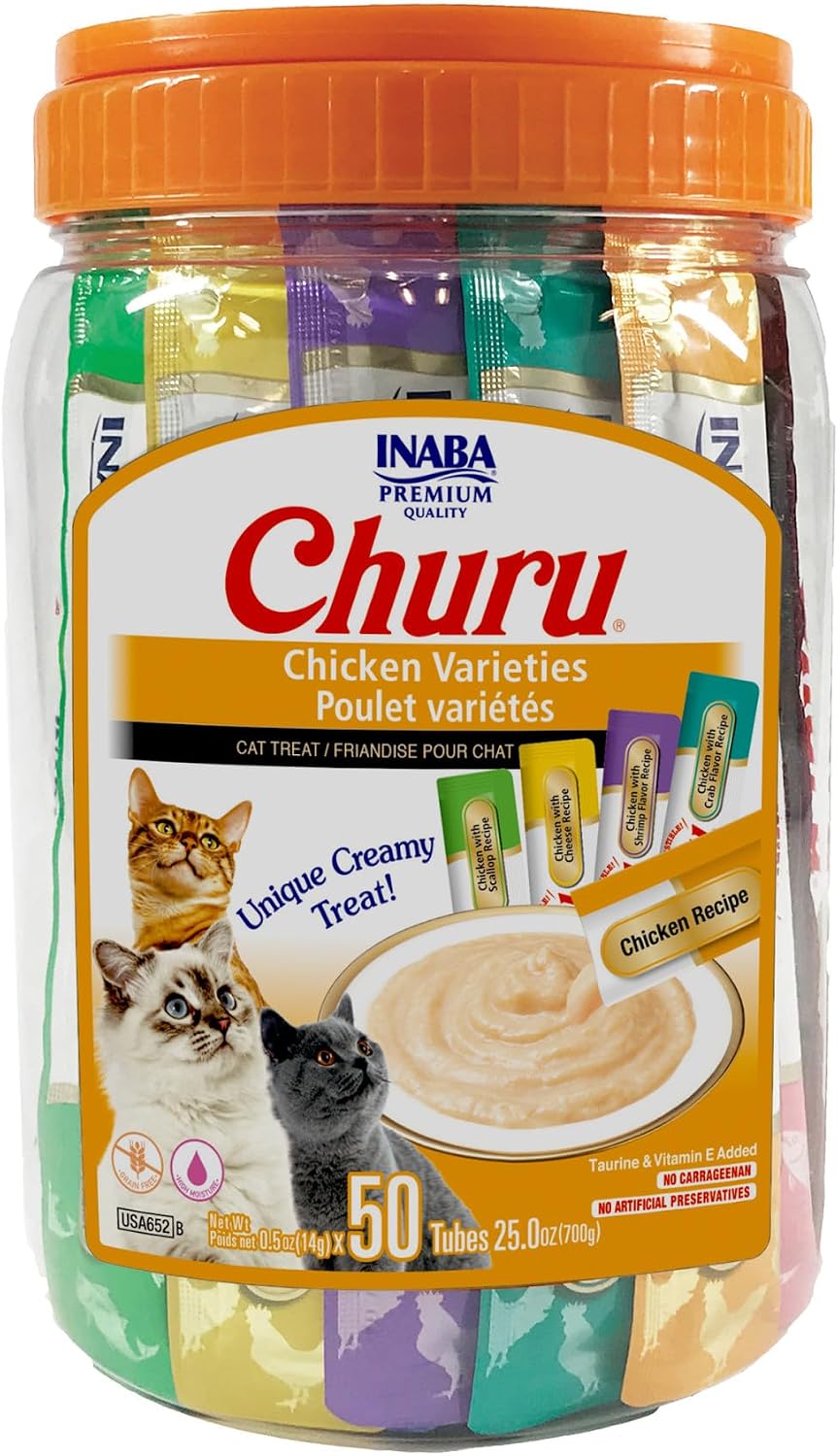INABA Churu Cat Treats. Lickable. Squeezable Creamy Purée Cat Treat with Green Tea Extract & Taurine. 0.5 Ounces Each Tube. 50 Tubes. Chicken Variety