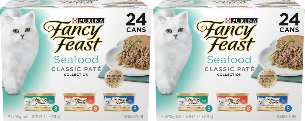Fancy Feast Purina Seafood Classic Pate Collection Grain Free Wet Cat Food Variety Pack - (Pack of 48) 3 oz. Cans