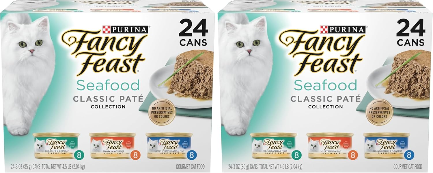 Fancy Feast Purina Seafood Classic Pate Collection Grain Free Wet Cat Food Variety Pack - (Pack of 48) 3 oz. Cans