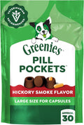Greenies Pill Pockets Large Size Dog Treats. Hickory Smoke. 7.9 oz | Capsule size. hickory smoke flavor. masks medicine odor. low calorie. stress-free. Dog Treat Pouch for Capsule Medication