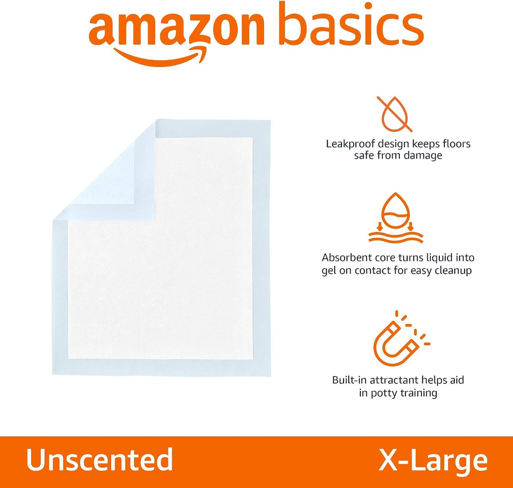 Amazon Basics Disposable Dog Training Pads with Quick-Dry Surface that Turns Liquid into Gel. XL. 34 x 28 Inches. 15-Pack