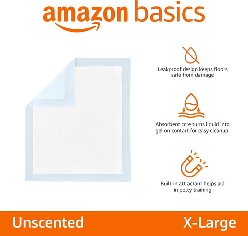 Amazon Basics Disposable Dog Training Pads with Quick-Dry Surface that Turns Liquid into Gel. XL. 34 x 28 Inches. 15-Pack