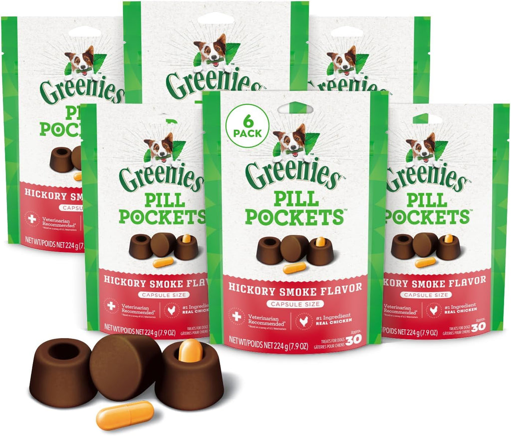 Greenies Pill Pockets Large Size Dog Treats. Hickory Smoke. 7.9 oz. 6-Pack | Vet-recommended. Capsule size. masks medicine odor. low calorie. stress- & mess-free. 7.9 oz pouches