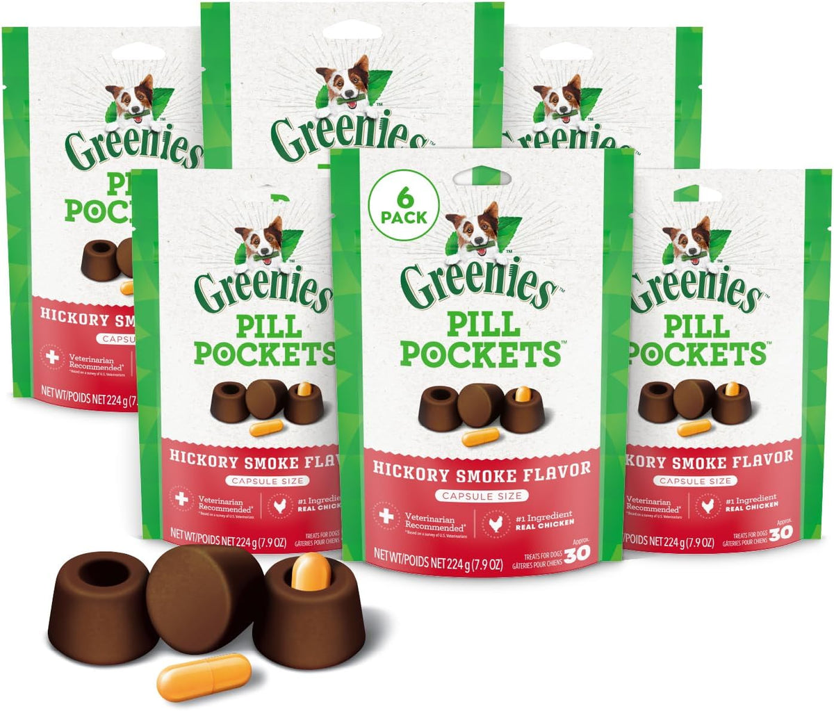 Greenies Pill Pockets Large Size Dog Treats. Hickory Smoke. 7.9 oz. 6-Pack | Vet-recommended. Capsule size. masks medicine odor. low calorie. stress- & mess-free. 7.9 oz pouches