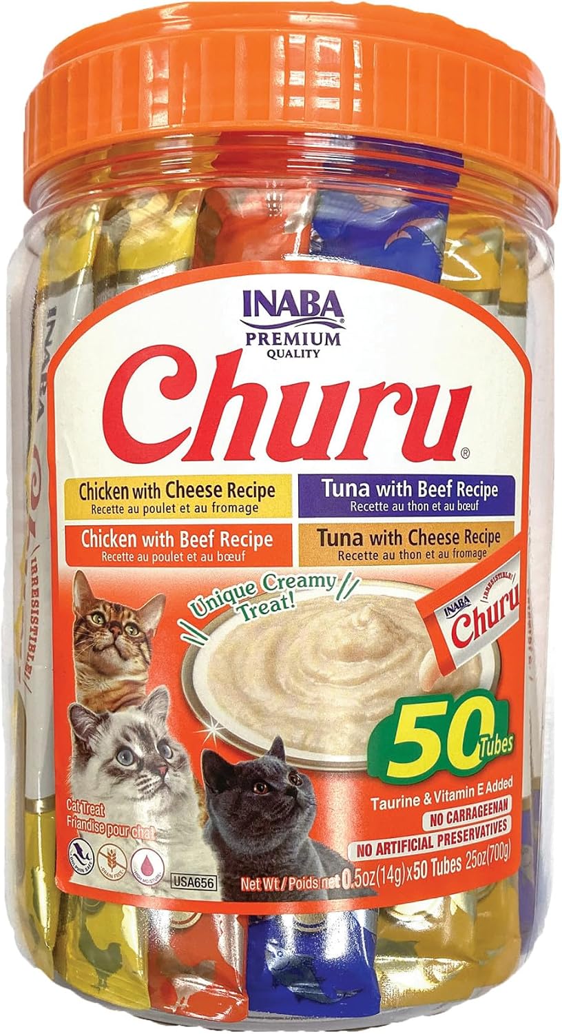 INABA Churu Cat Treats. Lickable. Squeezable Creamy Purée Cat Treat with Green Tea Extract & Taurine. 0.5 Ounces Each Tube. 50 Tubes. Beef & Cheese Variety