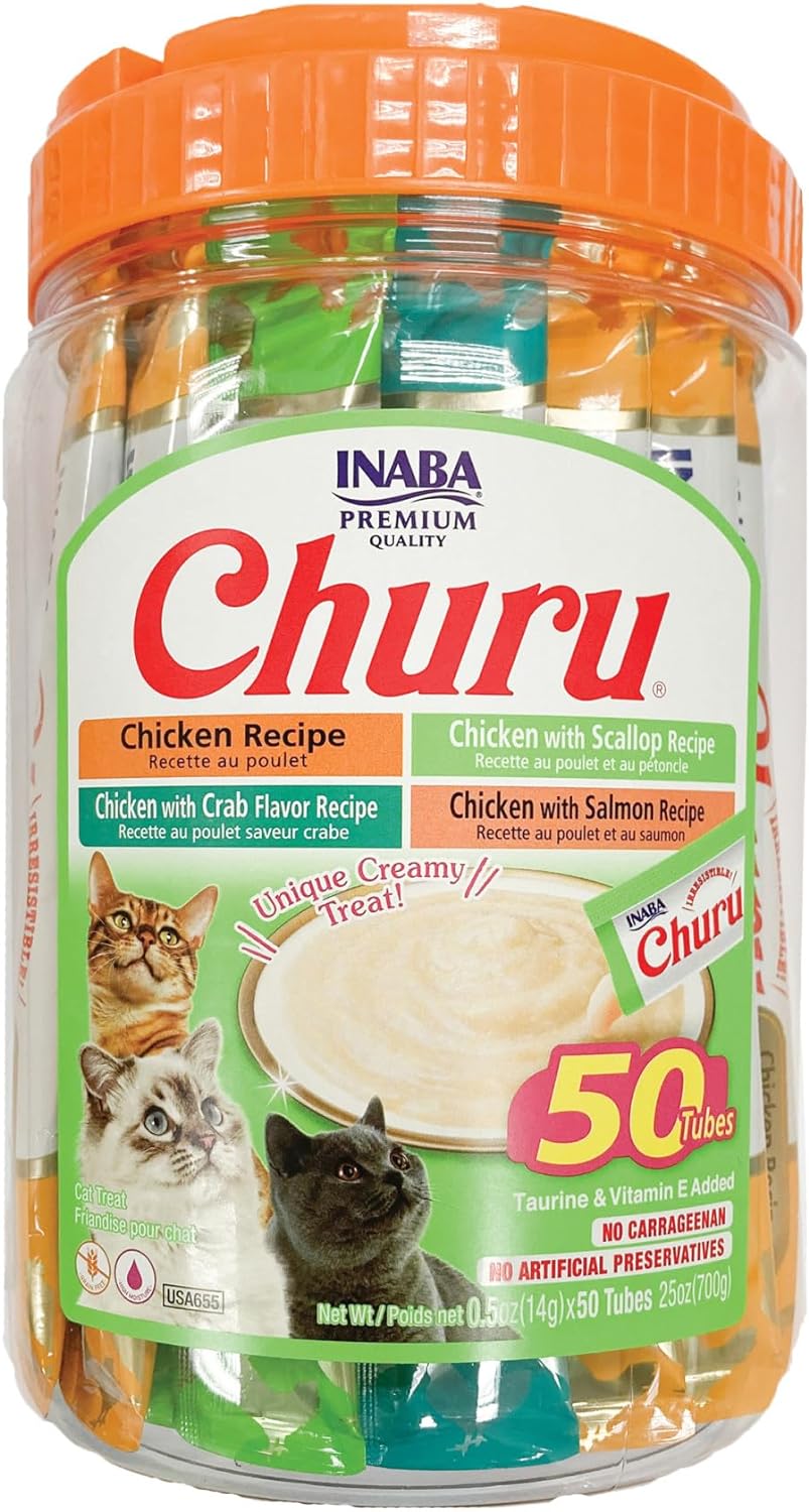 INABA Churu Cat Treats. Lickable. Squeezable Creamy Purée Cat Treat with Green Tea Extract & Taurine. 0.5 Ounces Each Tube. 50 Tubes. Chicken & Seafood Variety