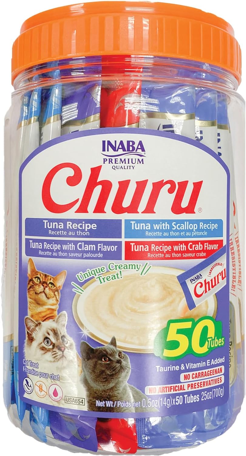 INABA Churu Cat Treats. Lickable. Squeezable Creamy Purée Cat Treat with Green Tea Extract & Taurine. 0.5 Ounces Each Tube. 50 Tubes. Tuna & Seafood Variety