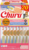 INABA Salmon Churu Cat Treats. Lickable. Squeezable Creamy Purée Cat Treat with Green Tea Extract & Taurine. 0.5 Ounces Each Tube. 20 Tubes. Salmon & Tuna Variety Box