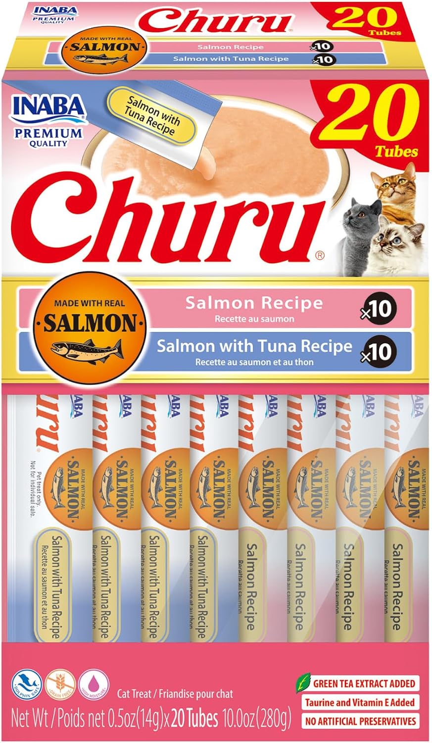 INABA Salmon Churu Cat Treats. Lickable. Squeezable Creamy Purée Cat Treat with Green Tea Extract & Taurine. 0.5 Ounces Each Tube. 20 Tubes. Salmon & Tuna Variety Box