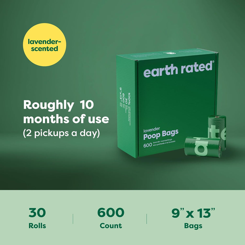 Earth Rated Dog Poop Bags on Refill Rolls. 600 Bags. Lavender | Guaranteed Leak Proof and Extra Thick Waste Bag Refill Rolls