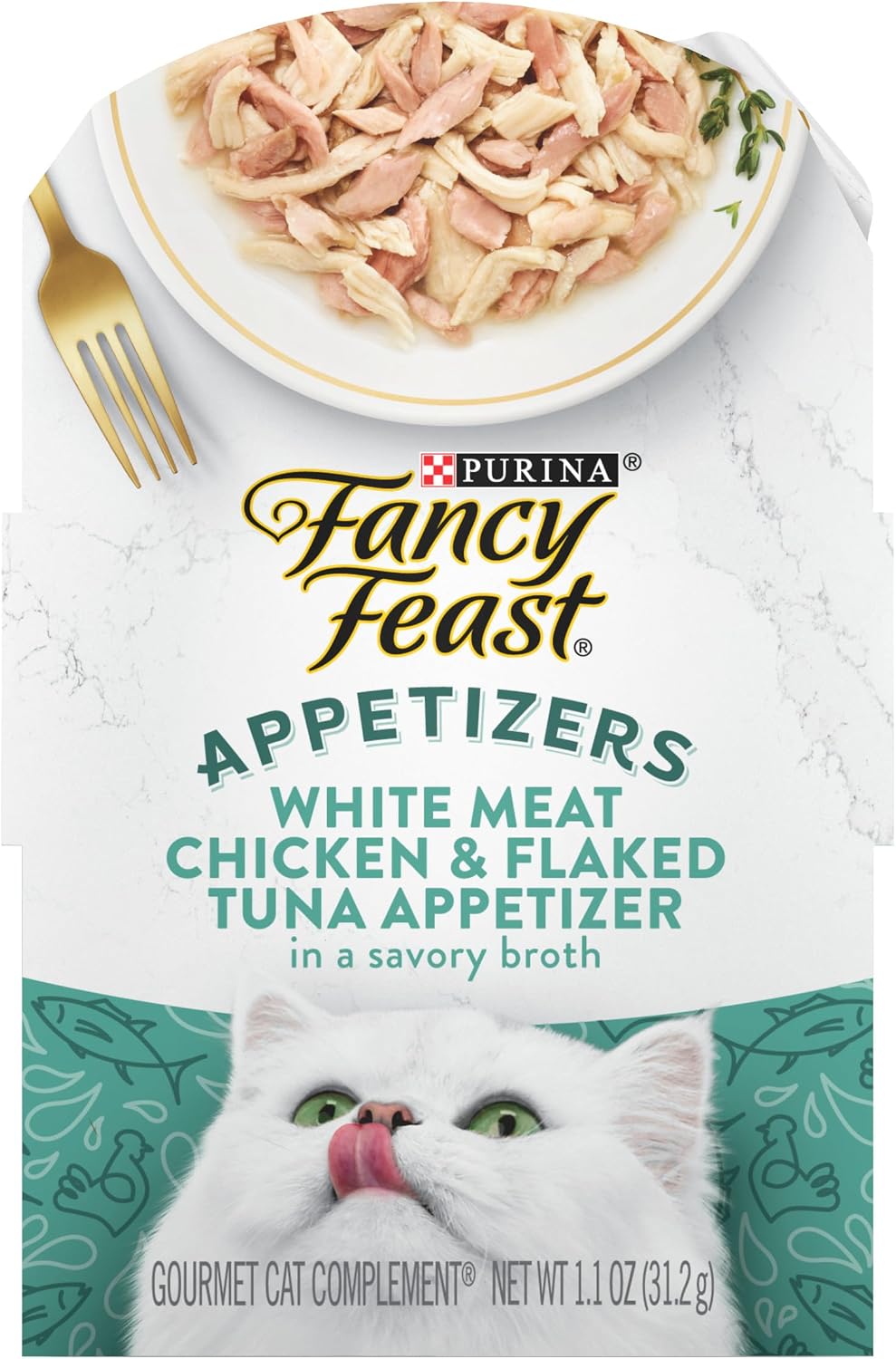 PURINA Fancy Feast Appetizers Lickable Grain Free Wet Cat Food Topper White Meat Chicken and Flaked Tuna Appetizer - (Pack of 10) 1.1 oz. Trays