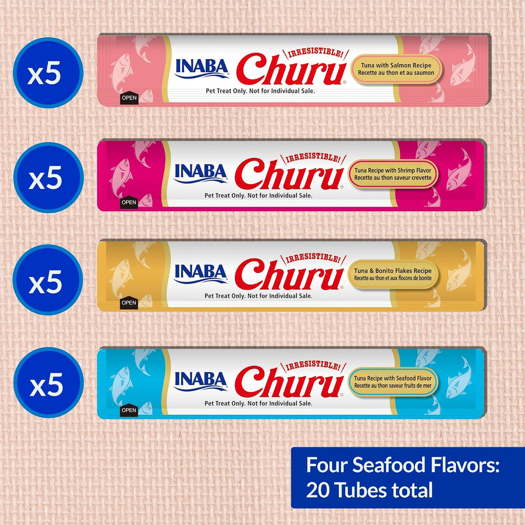 INABA Churu Cat Treats. Lickable. Squeezable Creamy Purée Cat Treat with Green Tea Extract & Taurine. 0.5 Ounces Each Tube. 20 Tubes. Seafood Variety Box
