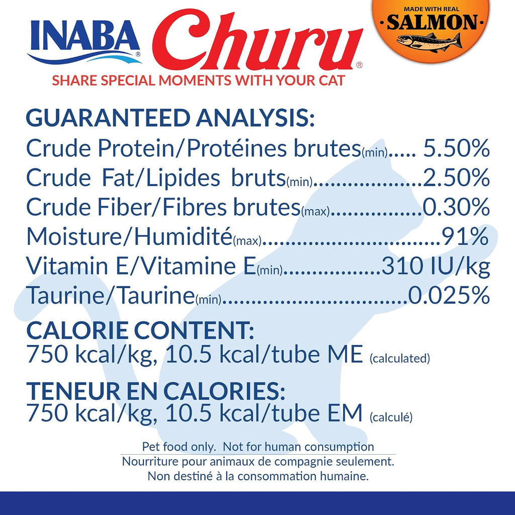 INABA Salmon Churu Cat Treats. Lickable. Squeezable Creamy Purée Cat Treat with Green Tea Extract & Taurine. 0.5 Ounces Each Tube. 20 Tubes. Salmon & Tuna Variety Box