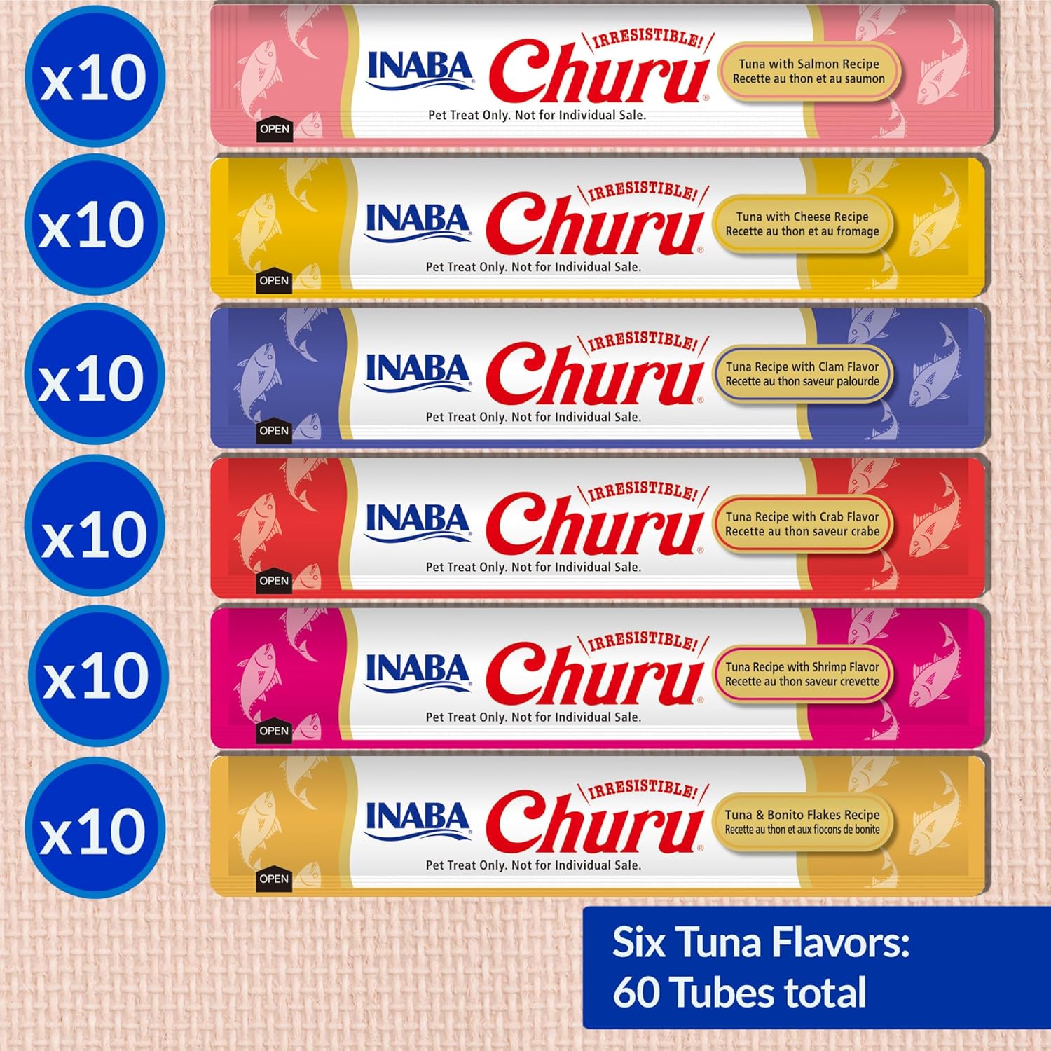 INABA Churu Cat Treats. Lickable. Squeezable Creamy Purée Cat Treat with Green Tea Extract & Taurine. 0.5 Ounces Each Tube. 60 Tubes. Tuna Variety Box