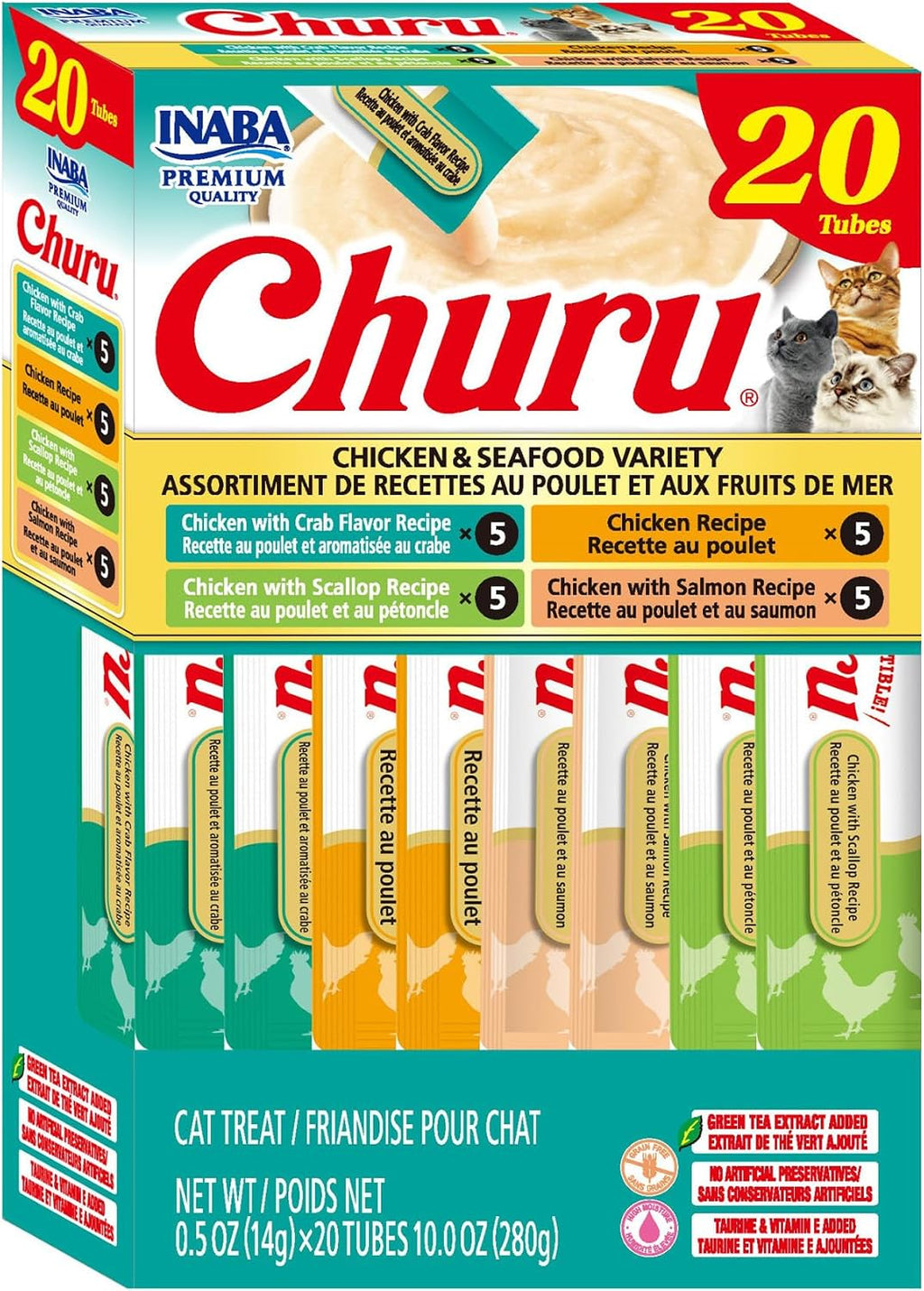 INABA Churu Cat Treats. Lickable. Squeezable Creamy Purée Cat Treat with Green Tea Extract & Taurine. 0.5oz. Each Tube. 20 Tubes. Chicken & Seafood Variety
