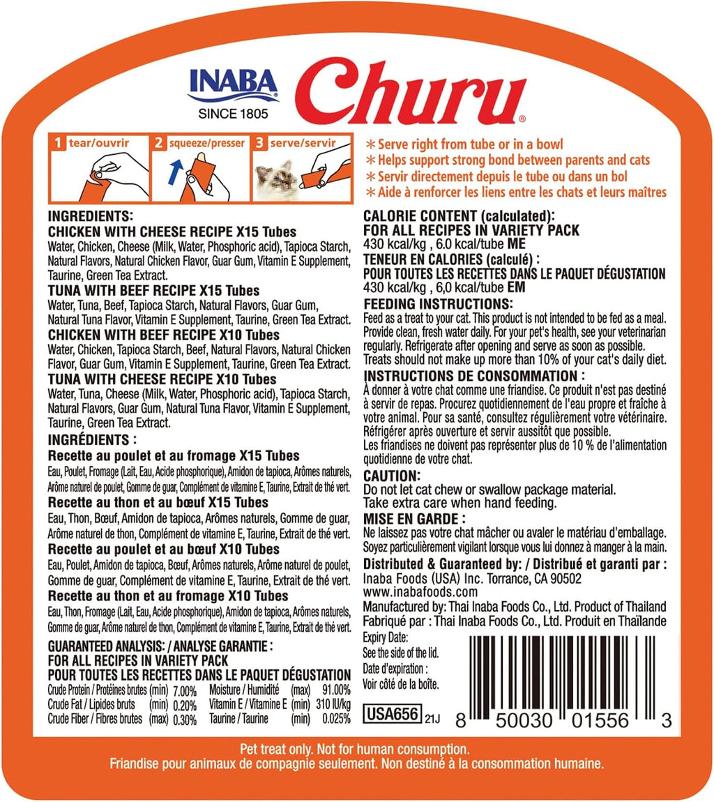 INABA Churu Cat Treats. Lickable. Squeezable Creamy Purée Cat Treat with Green Tea Extract & Taurine. 0.5 Ounces Each Tube. 50 Tubes. Beef & Cheese Variety
