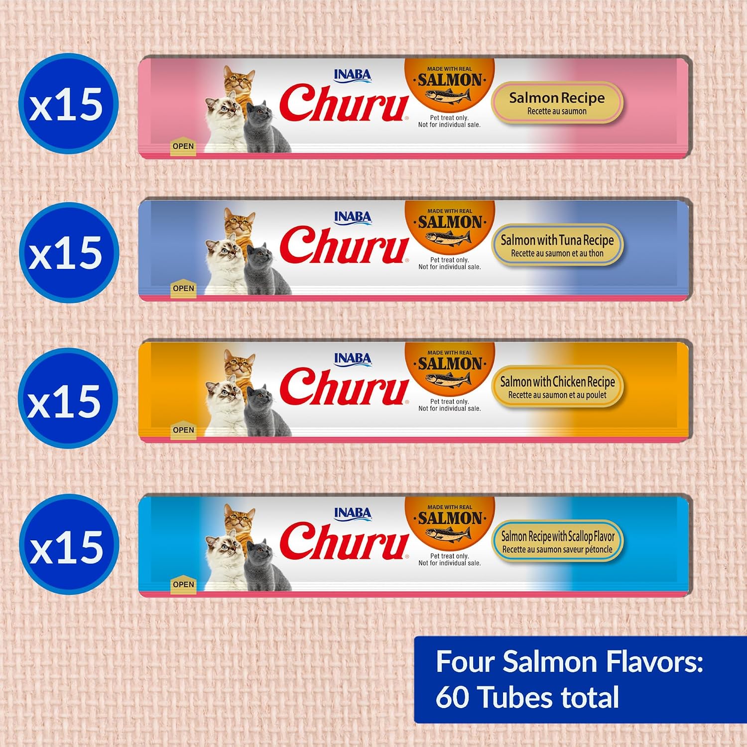 INABA Salmon Churu Cat Treats. Lickable. Squeezable Creamy Purée Cat Treat with Green Tea Extract & Taurine. 0.5 Ounces Each Tube. 60 Tubes. Salmon Variety Box