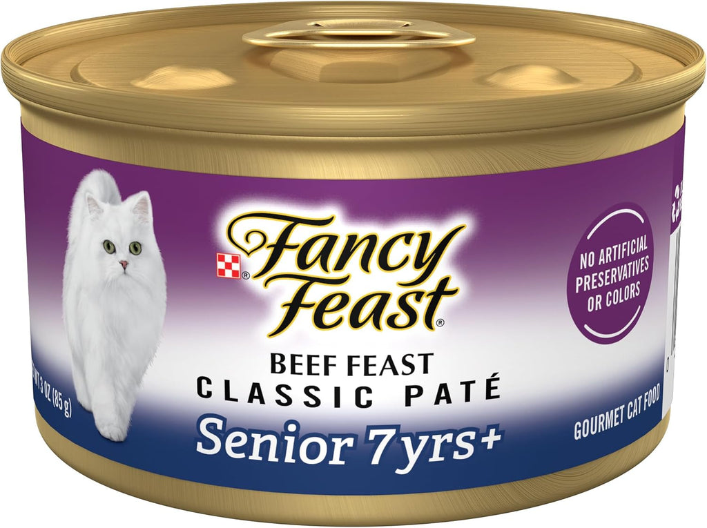 Purina Fancy Feast Senior 7 Year + Beef Feast Wet Cat Food (24) 3 oz Cans | Classic Pate. A smooth recipe specially made for cats age 7 and up. with No Artificial Colors or Preservatives