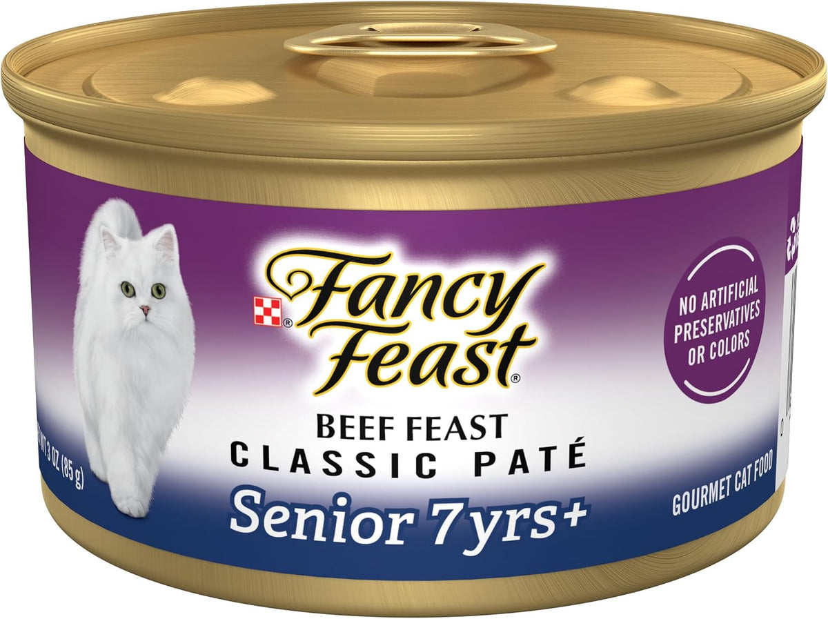 Purina Fancy Feast Senior 7 Year + Beef Feast Wet Cat Food (24) 3 oz Cans | Classic Pate. A smooth recipe specially made for cats age 7 and up. with No Artificial Colors or Preservatives