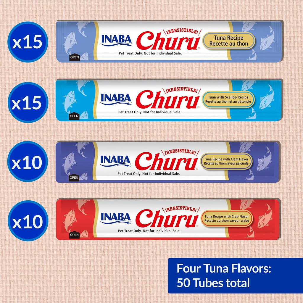 INABA Churu Cat Treats. Lickable. Squeezable Creamy Purée Cat Treat with Green Tea Extract & Taurine. 0.5 Ounces Each Tube. 50 Tubes. Tuna & Seafood Variety