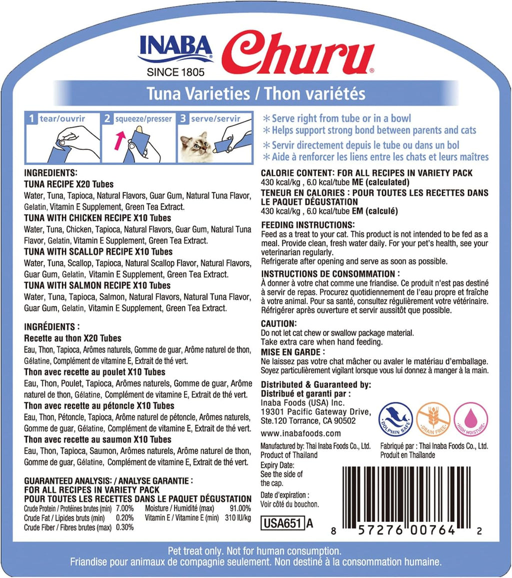 INABA Churu Cat Treats. Lickable. Squeezable Creamy Purée Cat Treat with Green Tea Extract & Taurine. 0.5 Ounces Each Tube. 50 Tubes. Tuna Variety (Pack of 8)